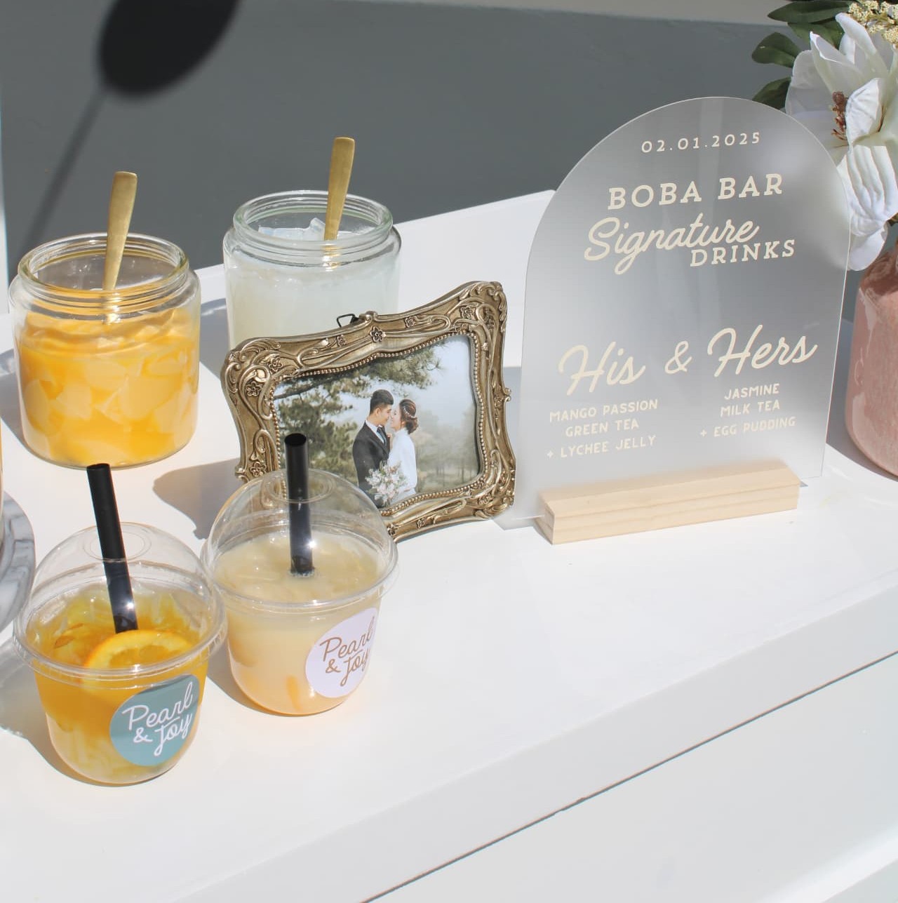 Boba bar signature drinks acrylic sign with His & Hers wedding menu
