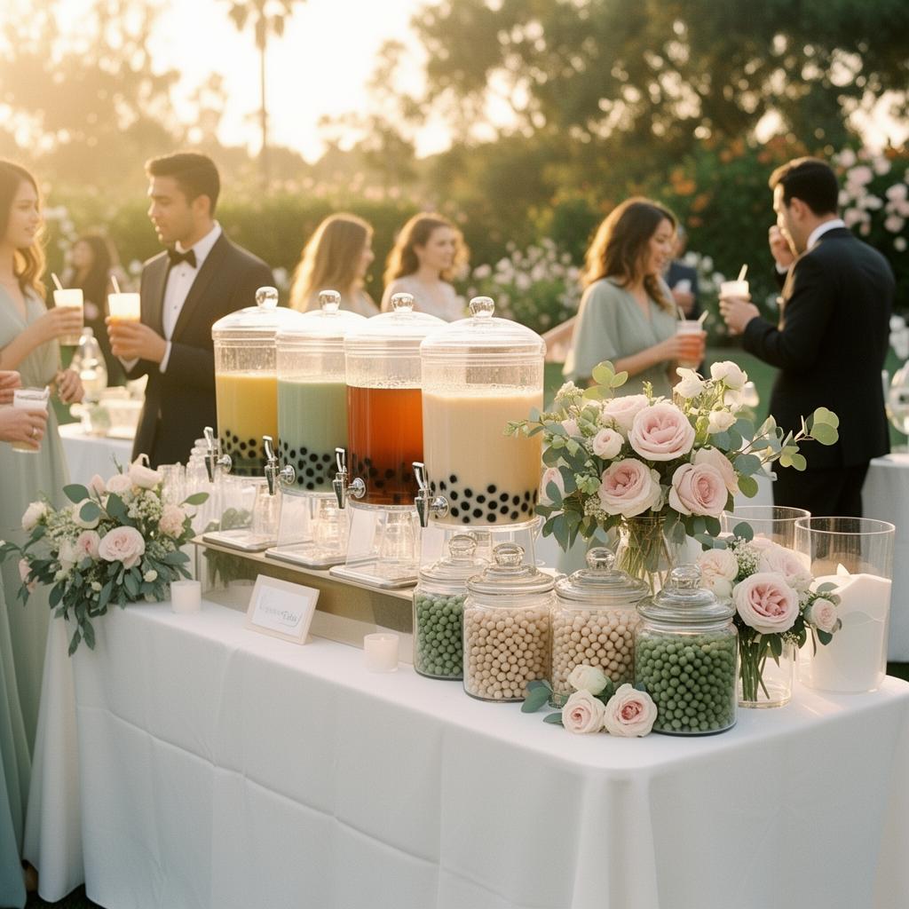 Elegant boba milk tea catering bar setup at a Southern California outdoor wedding with colorful tea dispensers and fresh tapioca pearls