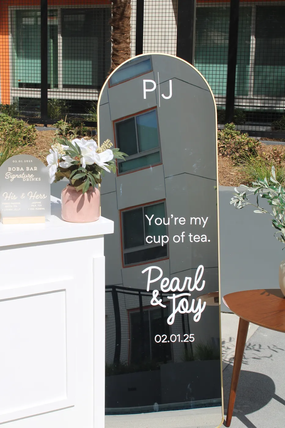 Personalized Pearl & Joy wedding mirror reading You're my cup of tea