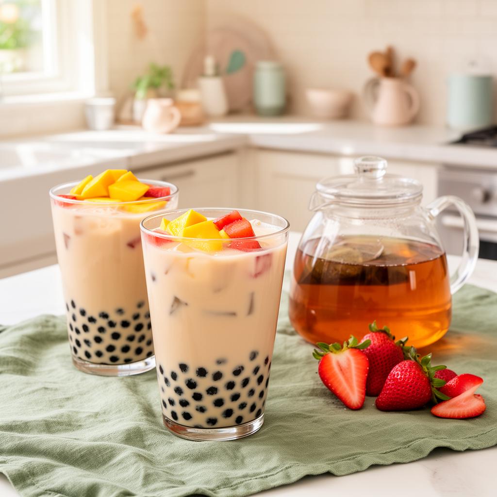 Two glasses of homemade boba milk tea with tapioca pearls and fresh fruit in a Southern California kitchen