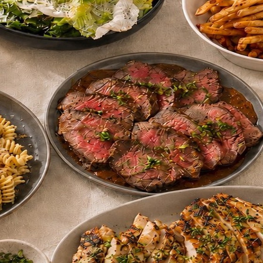 Sliced steak platter from Jam & Joy catering