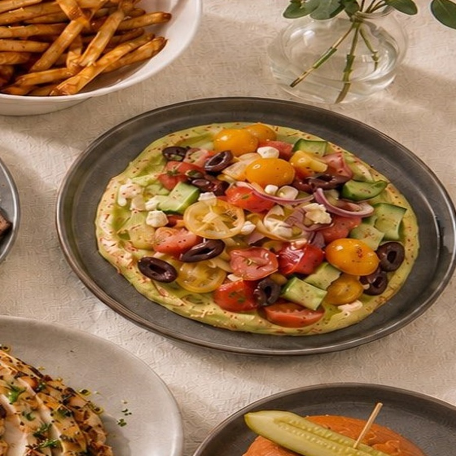 Fresh flatbread with tomatoes and olives